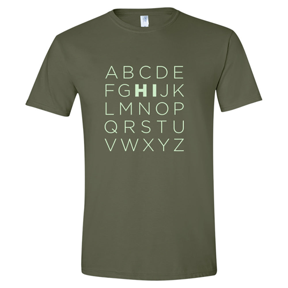 Olive green t-shirt with alphabet, H highlighted.