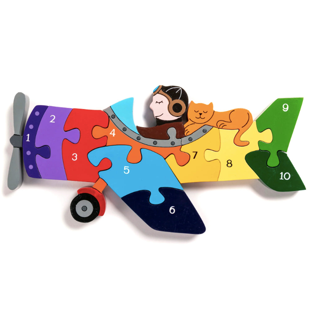 Number plane jigsaw puzzle with pilot and cat