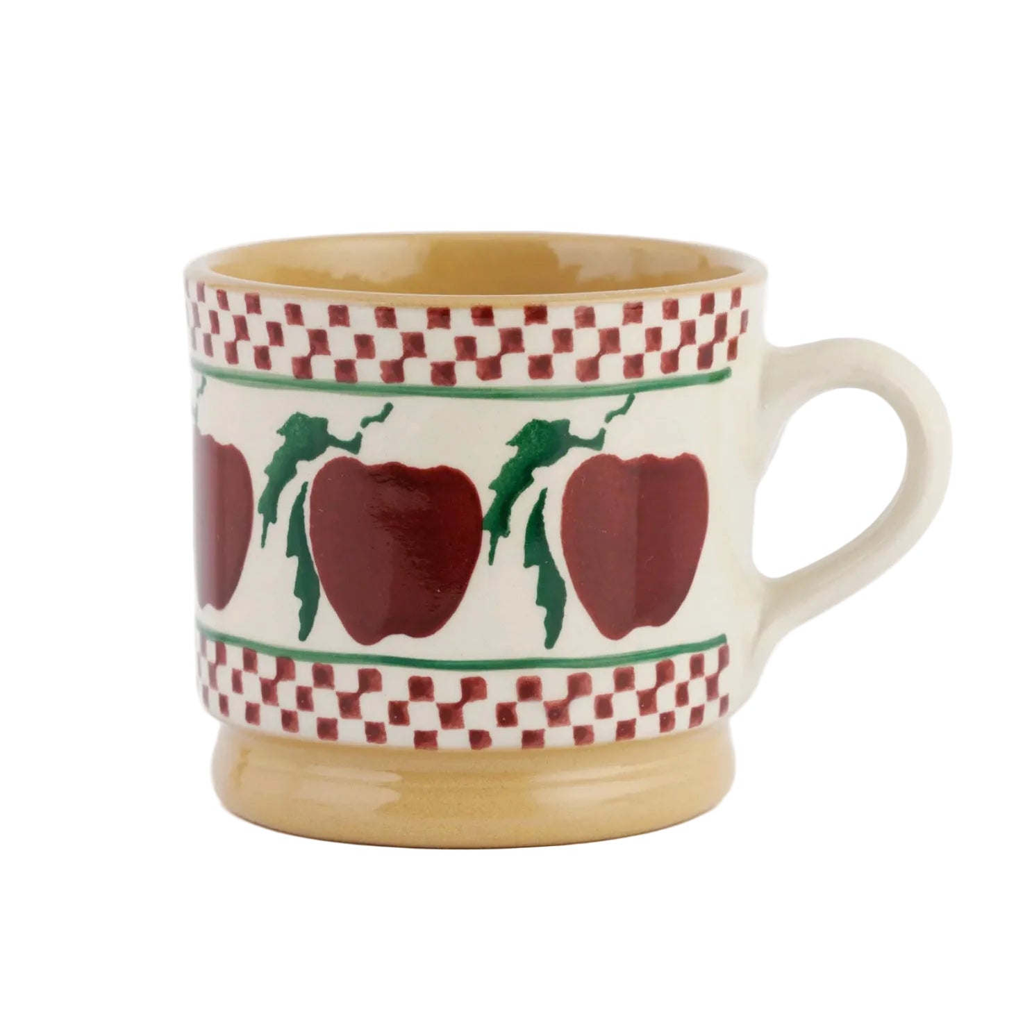 Ceramic mug with apple design and checkered pattern on a white background