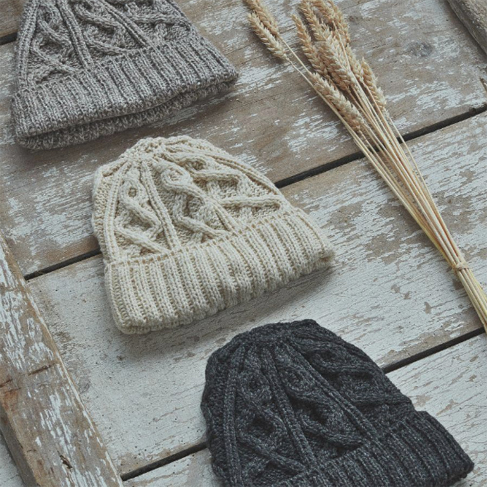 Aran Woollen Mills Diamond Stitch Hats in 3 colours lifestyle