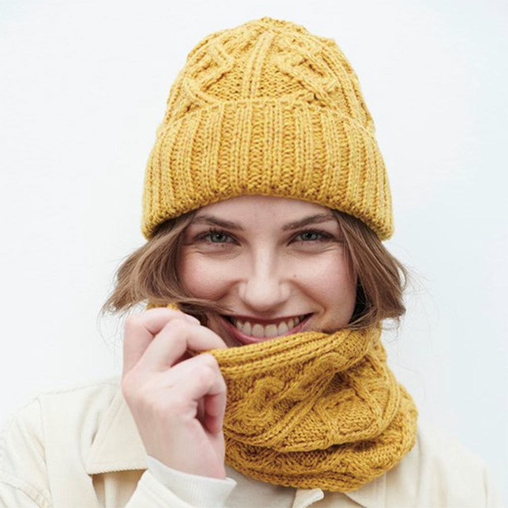 Mustard Diamond Stitch Hat and Cowl Set