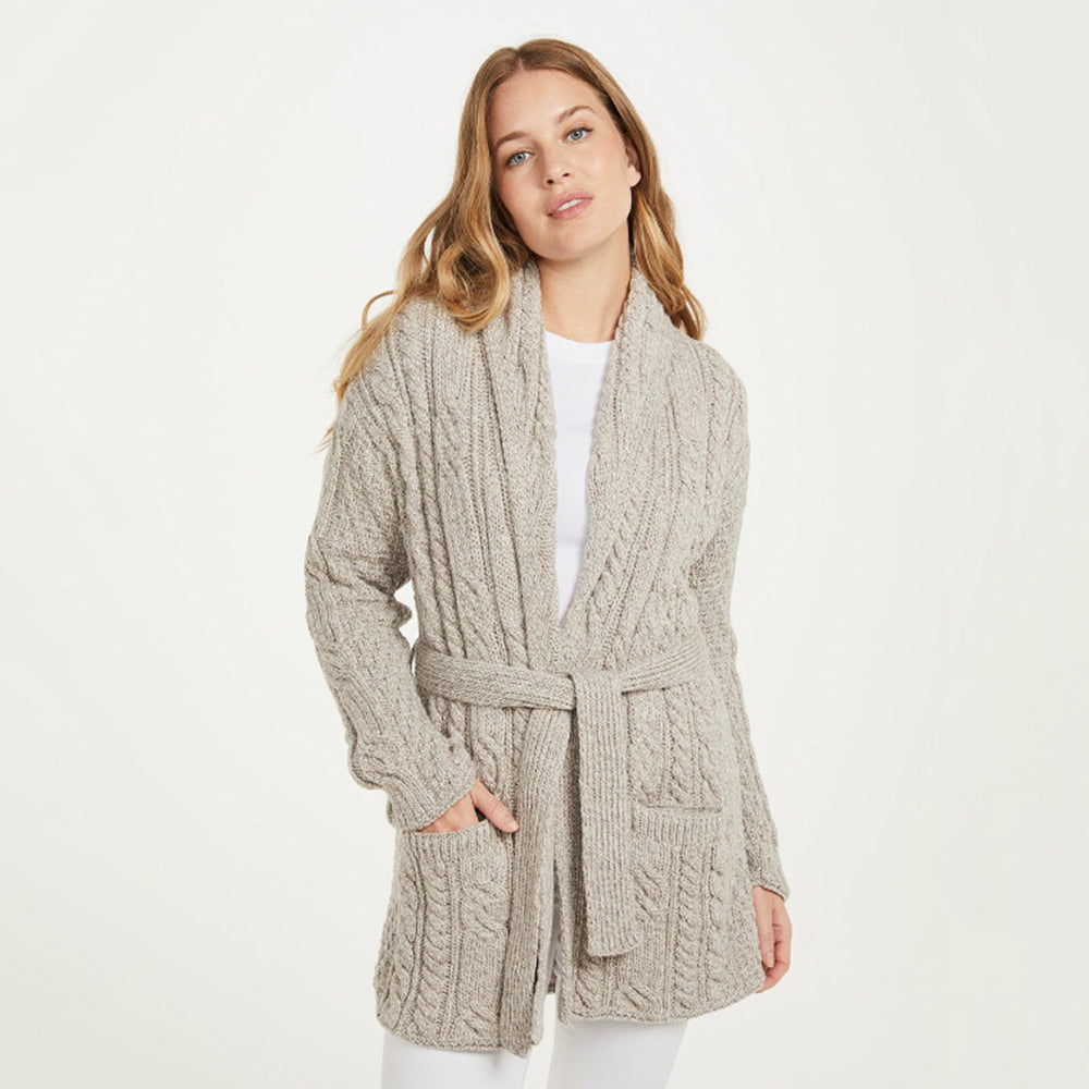 ladies beige irish knit cardigan with belt