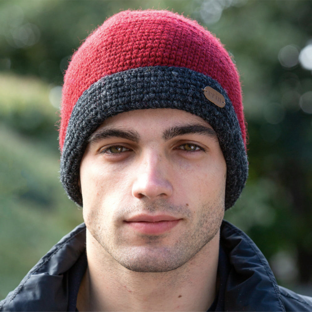 Red and gray crochet men's hat by Erin Knitwear