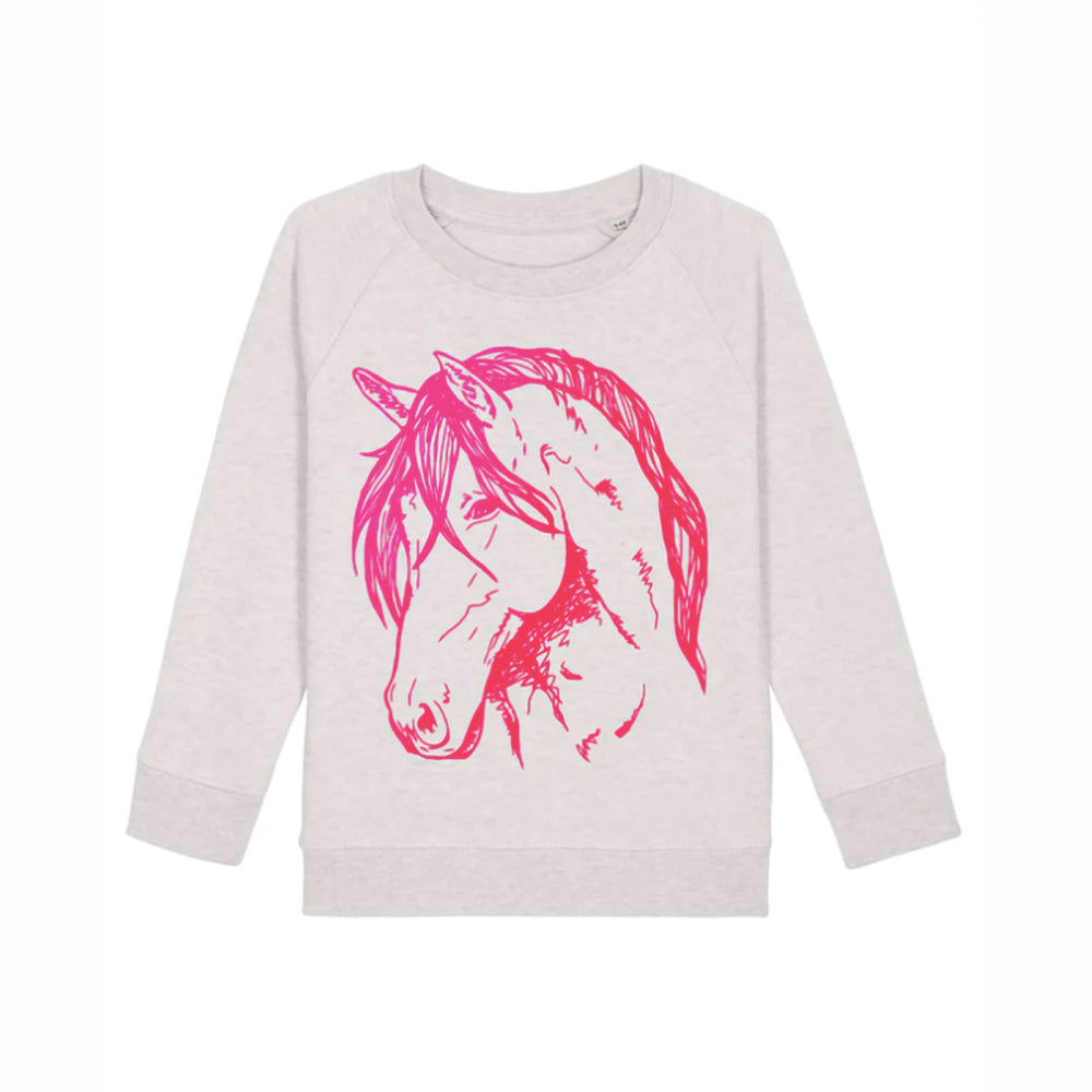 Kids' sweatshirt with neon pink pony design.