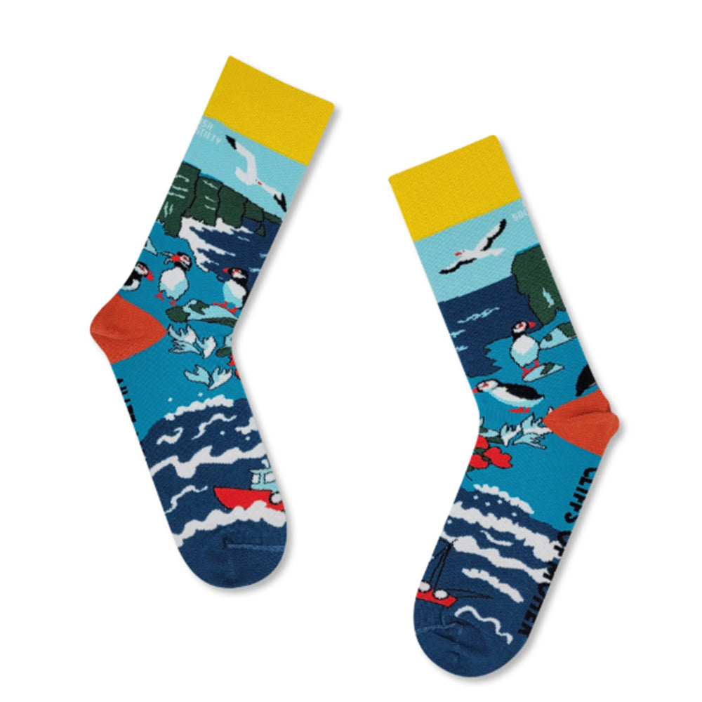 IDH Socksciety2 socks with puffins and ocean scene