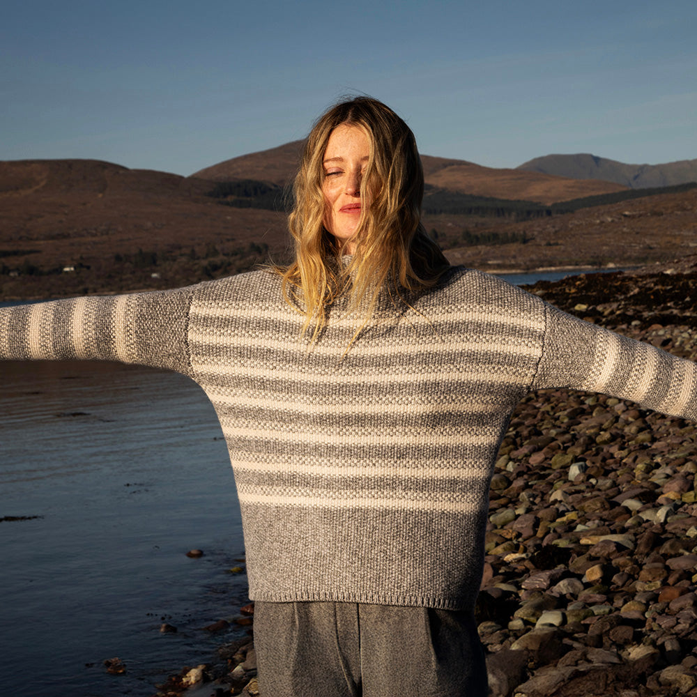Mock Neck Sailor Stripes In Grey Cream