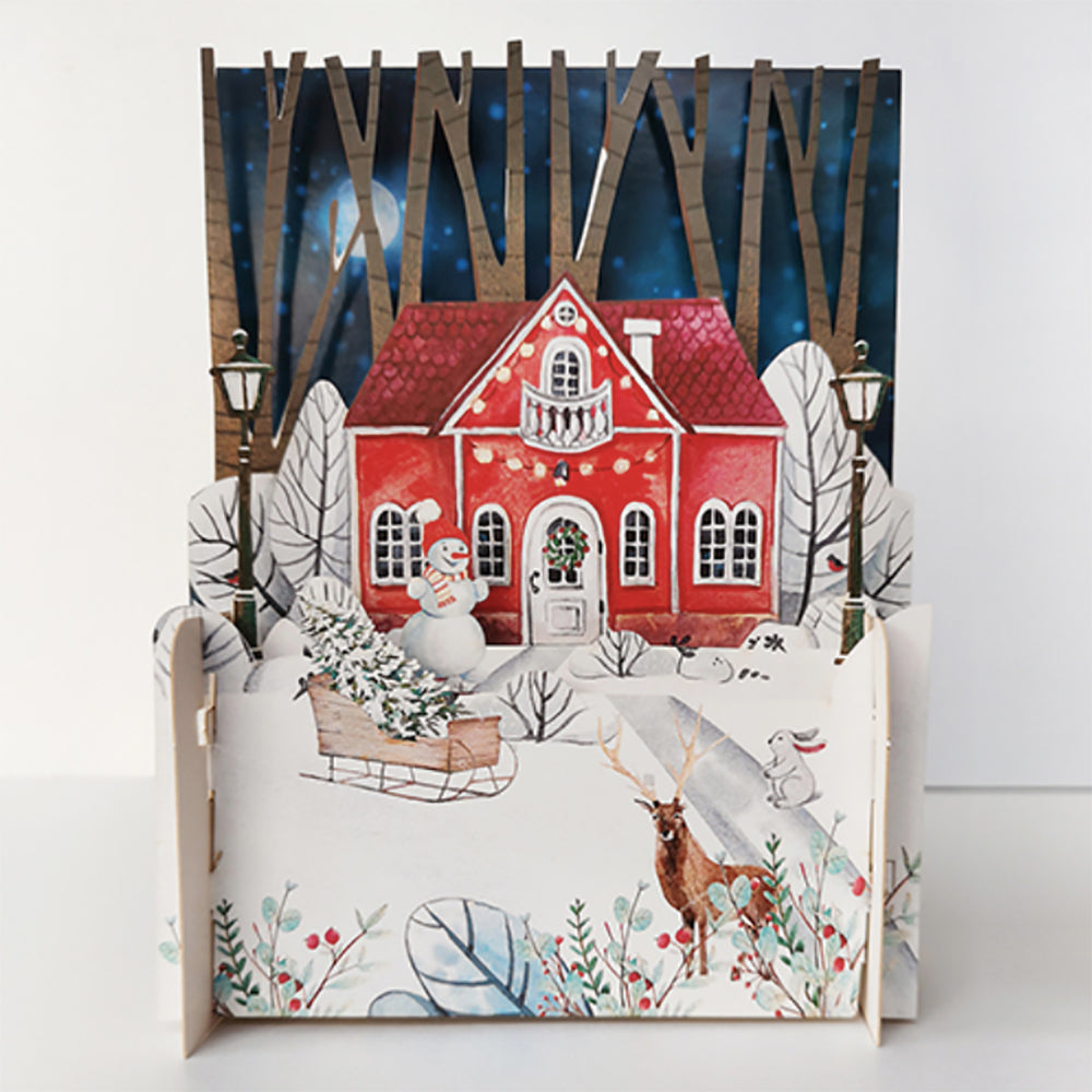 Christmas Card with Red House and Snow 