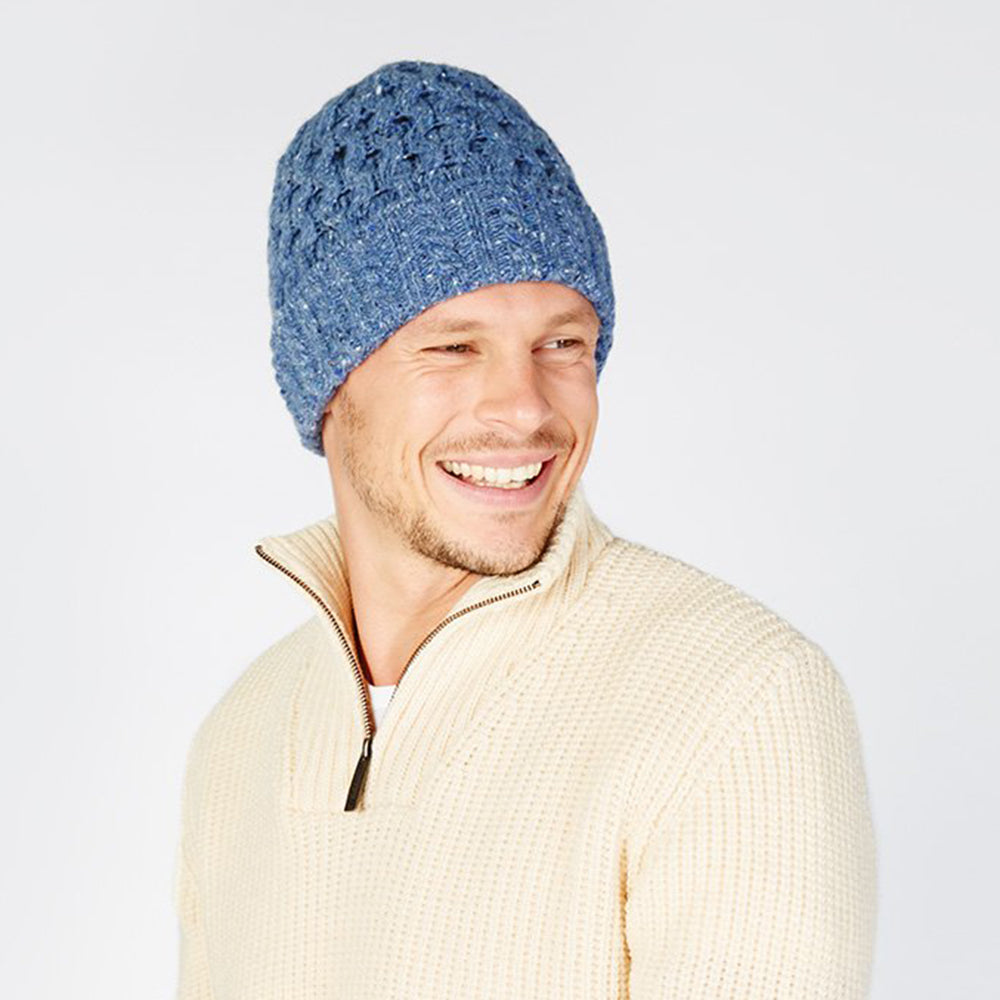 Man wearing blue knitted hat and sweater
