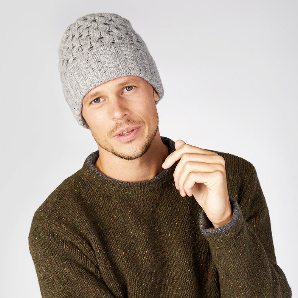 Man wearing light grey beanie and sweater