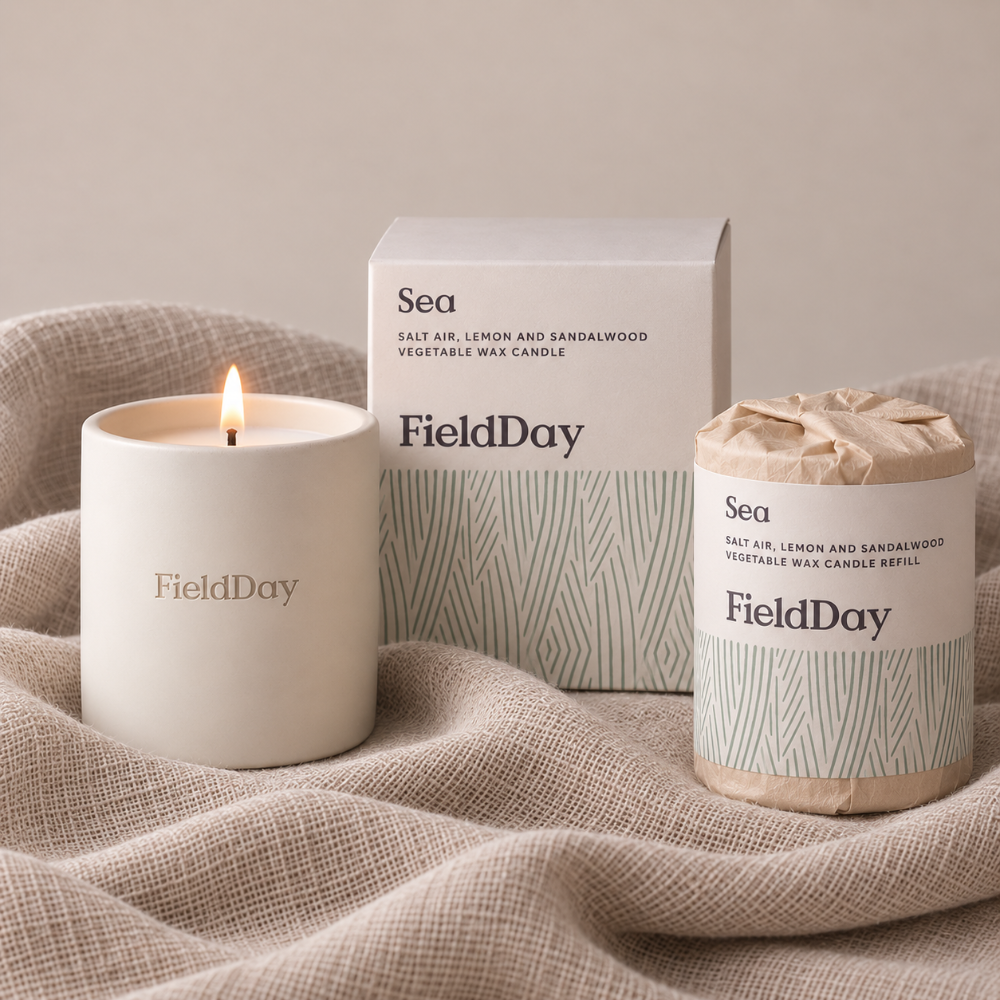 A FieldDay 'Sea' scented vegetable wax candle set, featuring a lit cream-colored glass jar, its kraft paper wrapped wax refill container, and the product box, all styled on a textured beige linen fabric against a neutral beige background.