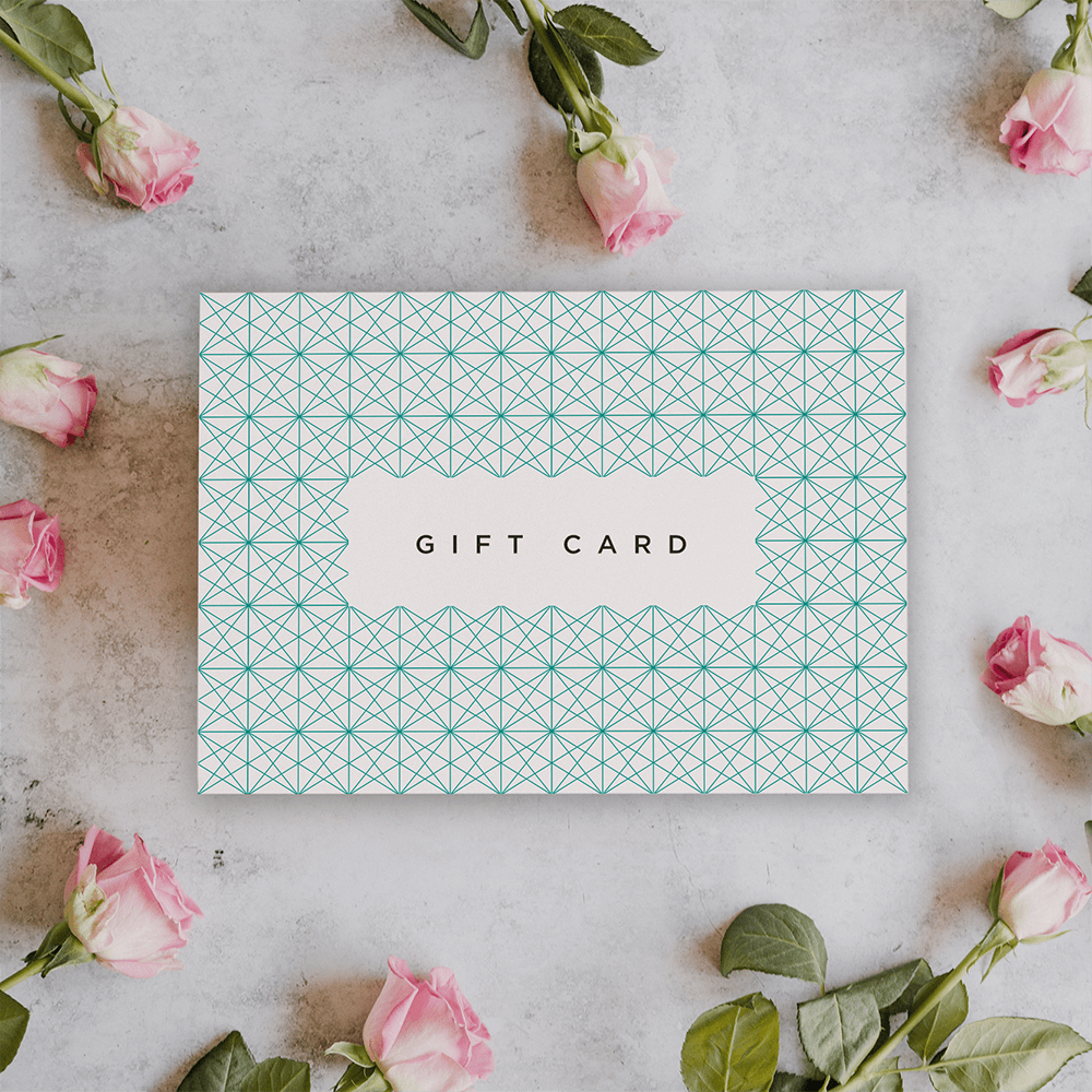 Gift card with geometric pattern and pink roses.