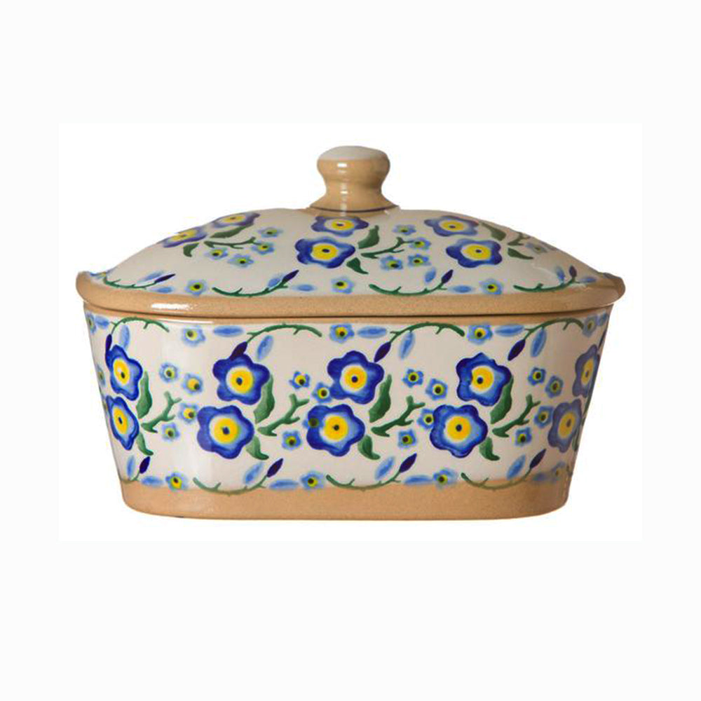 Covered butter dish with Forget-Me-Not spongeware pottery by Nicholas Mosse
