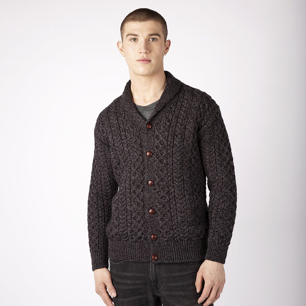 Anthracite Aran cardigan, Woodford style, on a man
