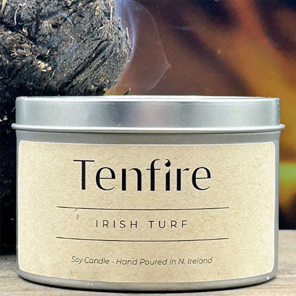 Candle tin labeled Tenfire Irish Turf.