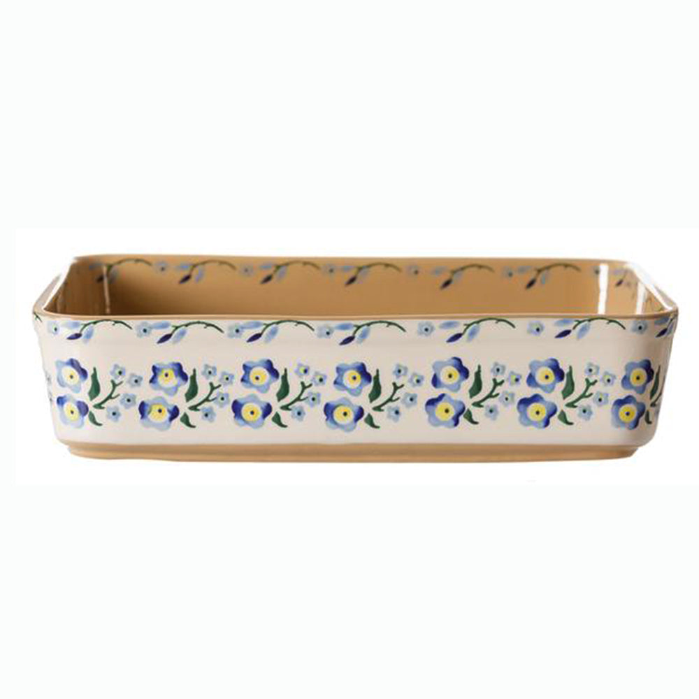 Rectangular oven dish with Forget-Me-Not floral design, side view.