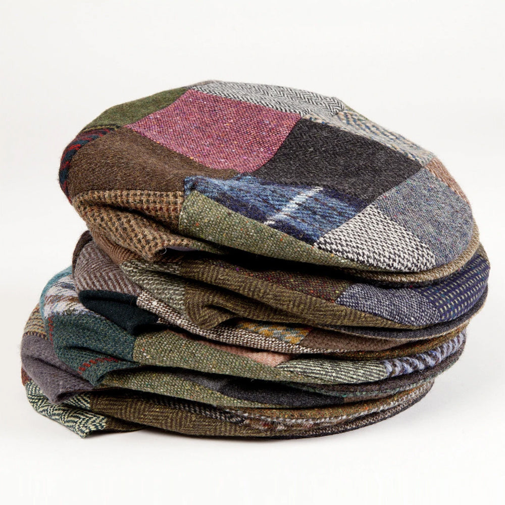 Patchwork tweed caps stacked