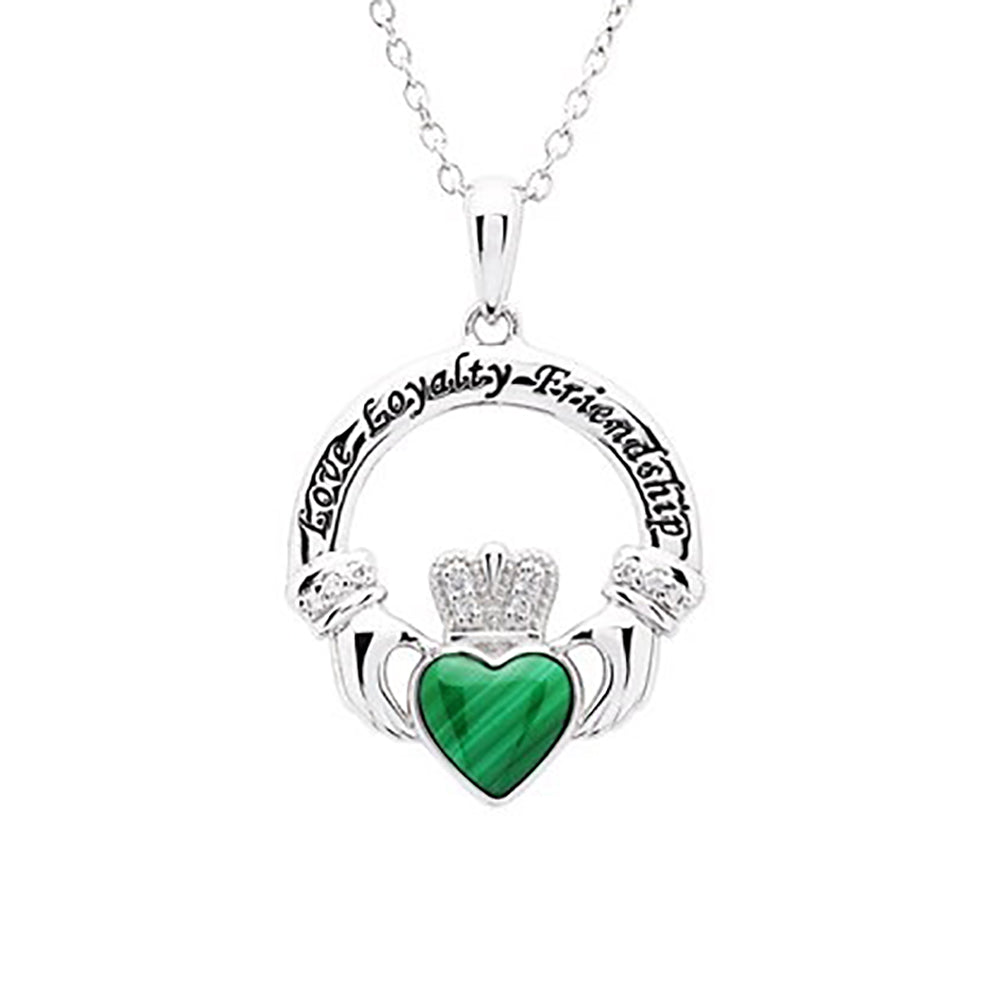 Claddagh pendant with Malachite stone and CZ crystals.