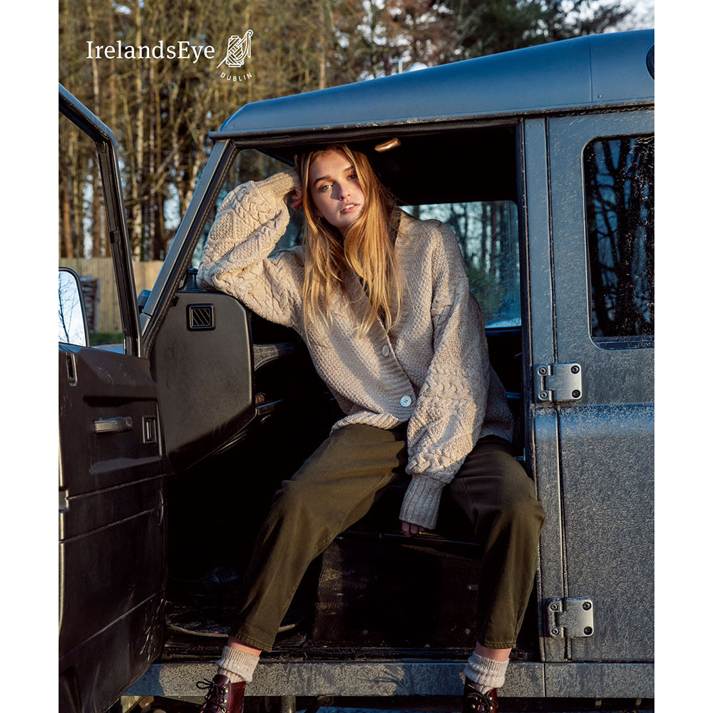 Irish Wool Button Cardigan with Cable Knit Sleeves.