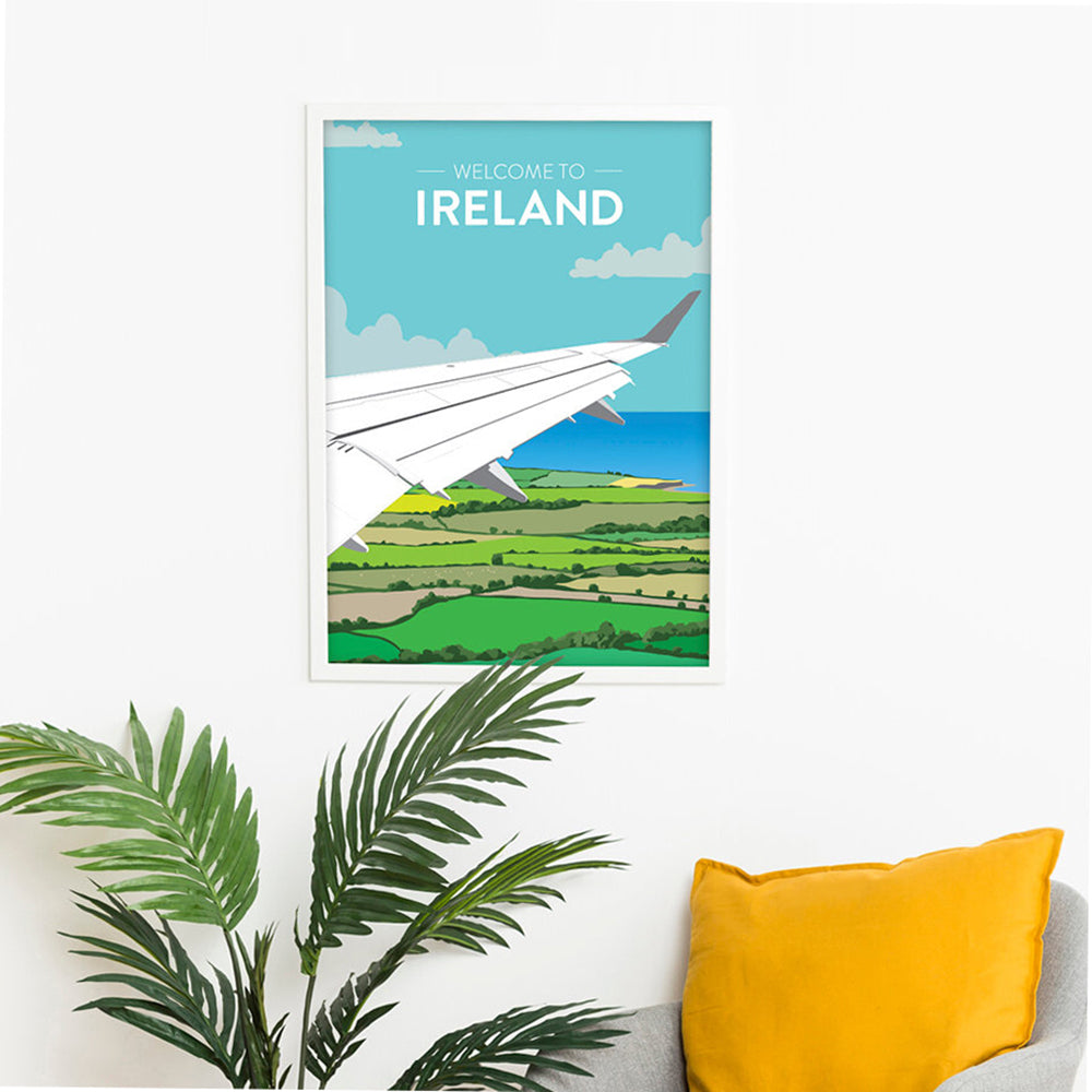 Ireland travel poster with airplane wing