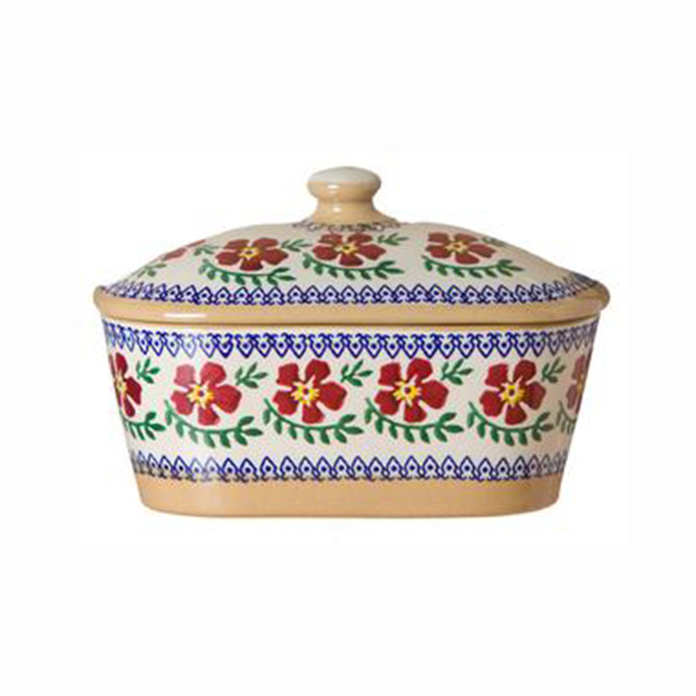 Covered butter dish, Old Rose spongeware pottery by Nicholas Mosse