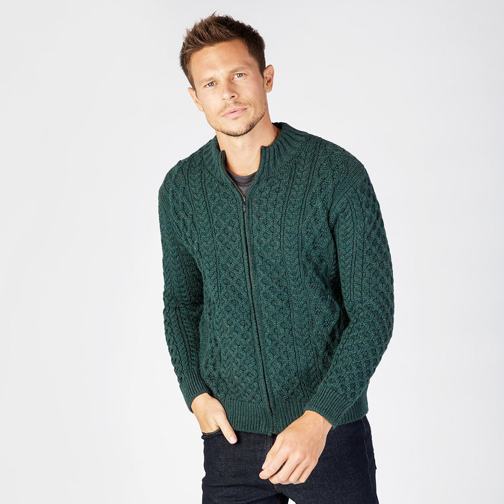 Man wearing Evergreen Aran cardigan