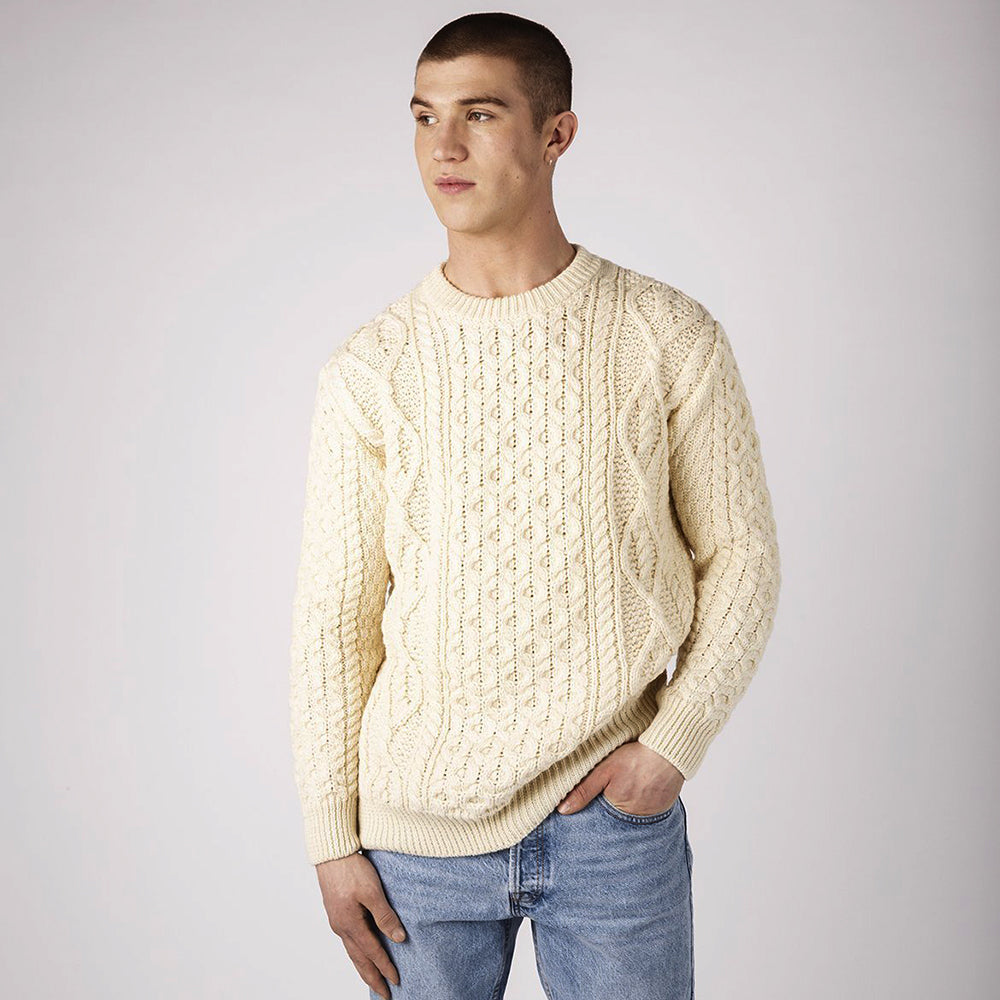 aran crew neck sweater in colour natural