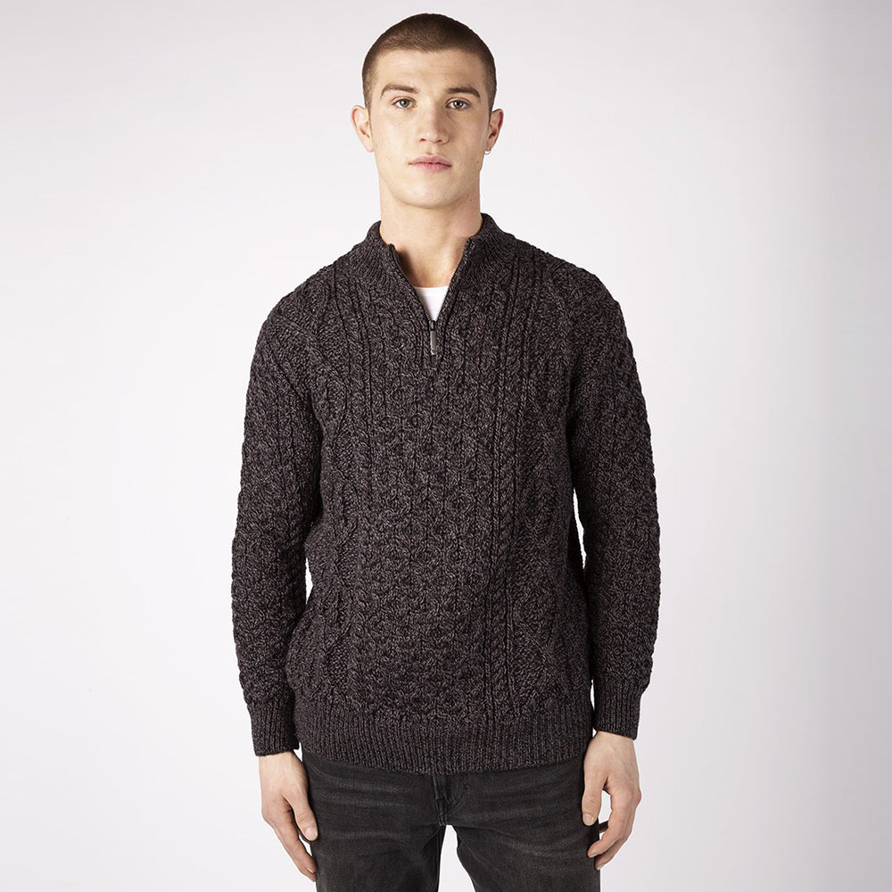 Man in Anthracite Aran Zip Neck Sweater (Large)