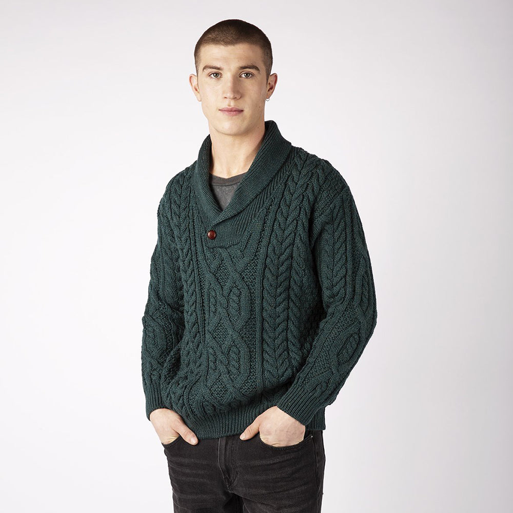 aran shawl collar sweater in colour evergreen
