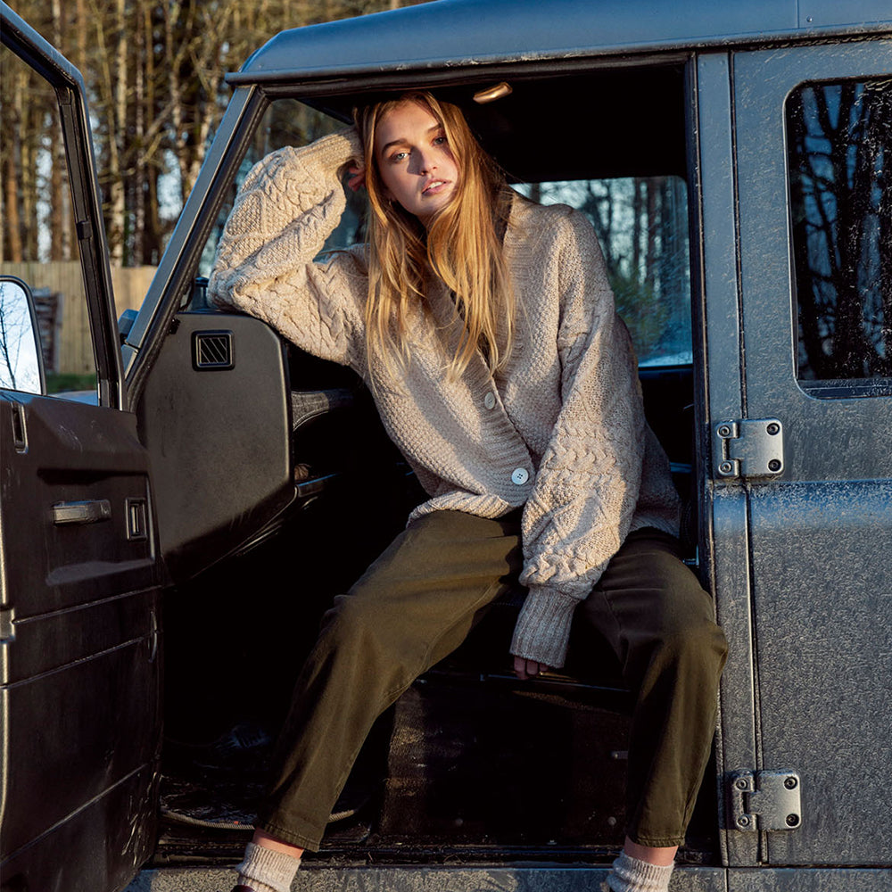 Irish Wool Button Cardigan with Cable Knit Sleeves.