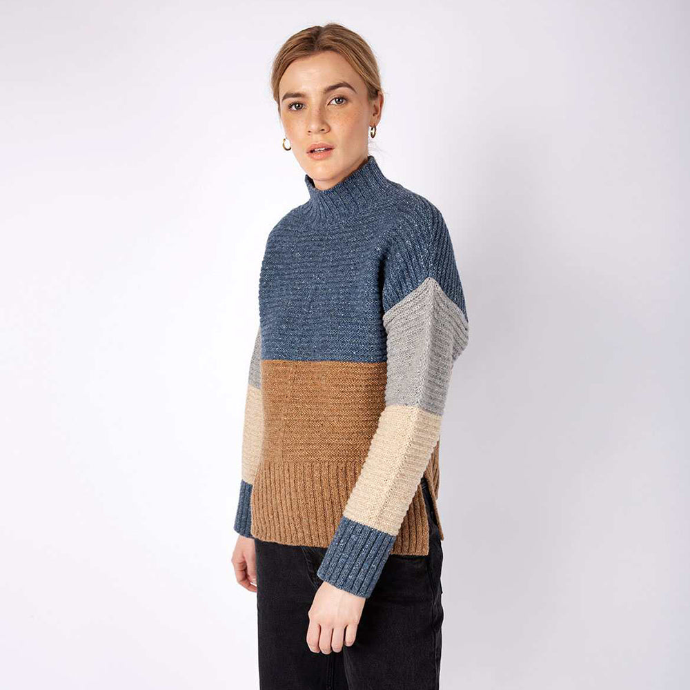 irish wool, funnel neck, colour block sweater in seaspray biscuit