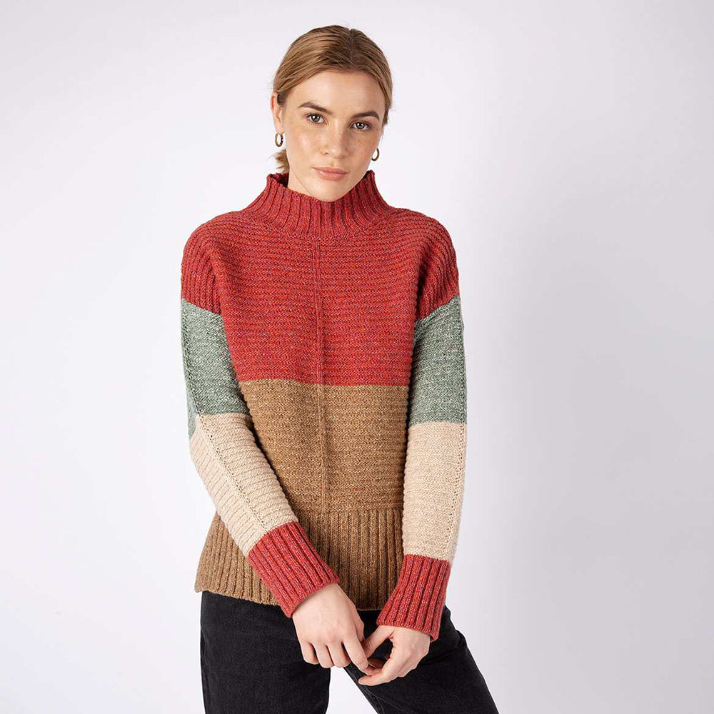 irish wool, funnel neck, colour block sweater in sunset biscuit