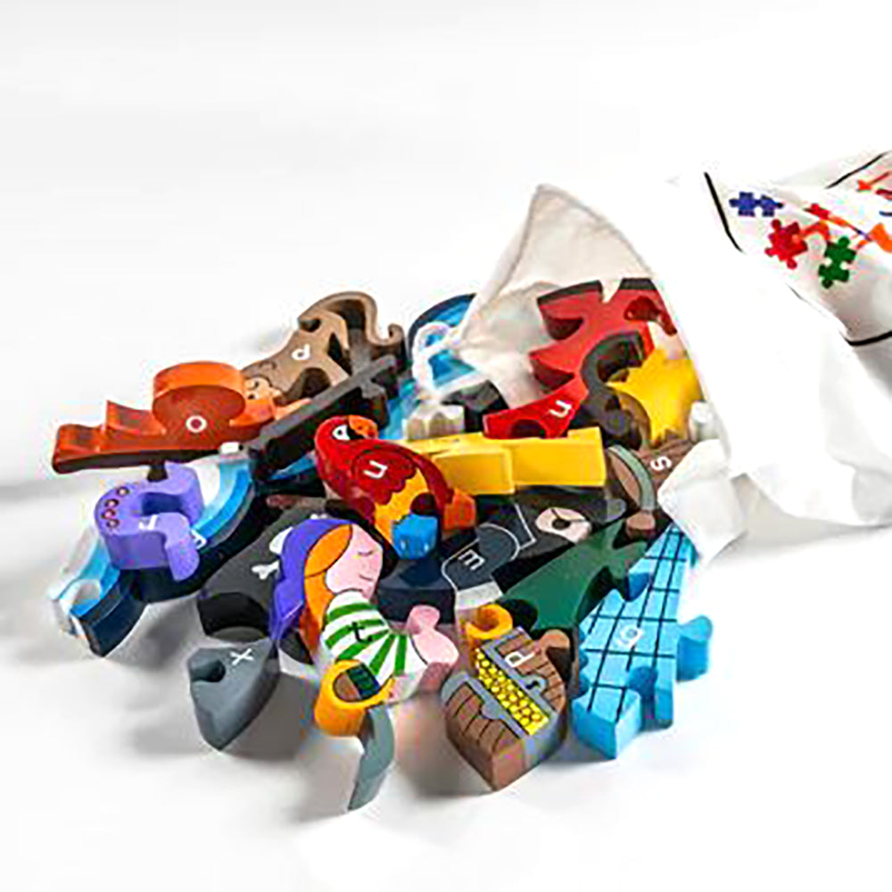 wooden pirate ship jigsaw puzzle for kids in cotton bag