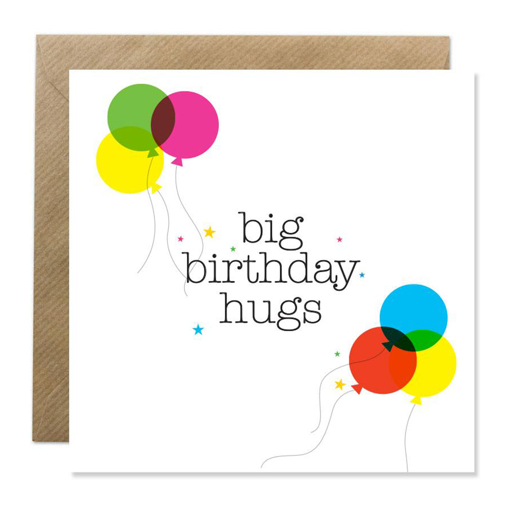 Big Birthday Hugs card with colorful balloons