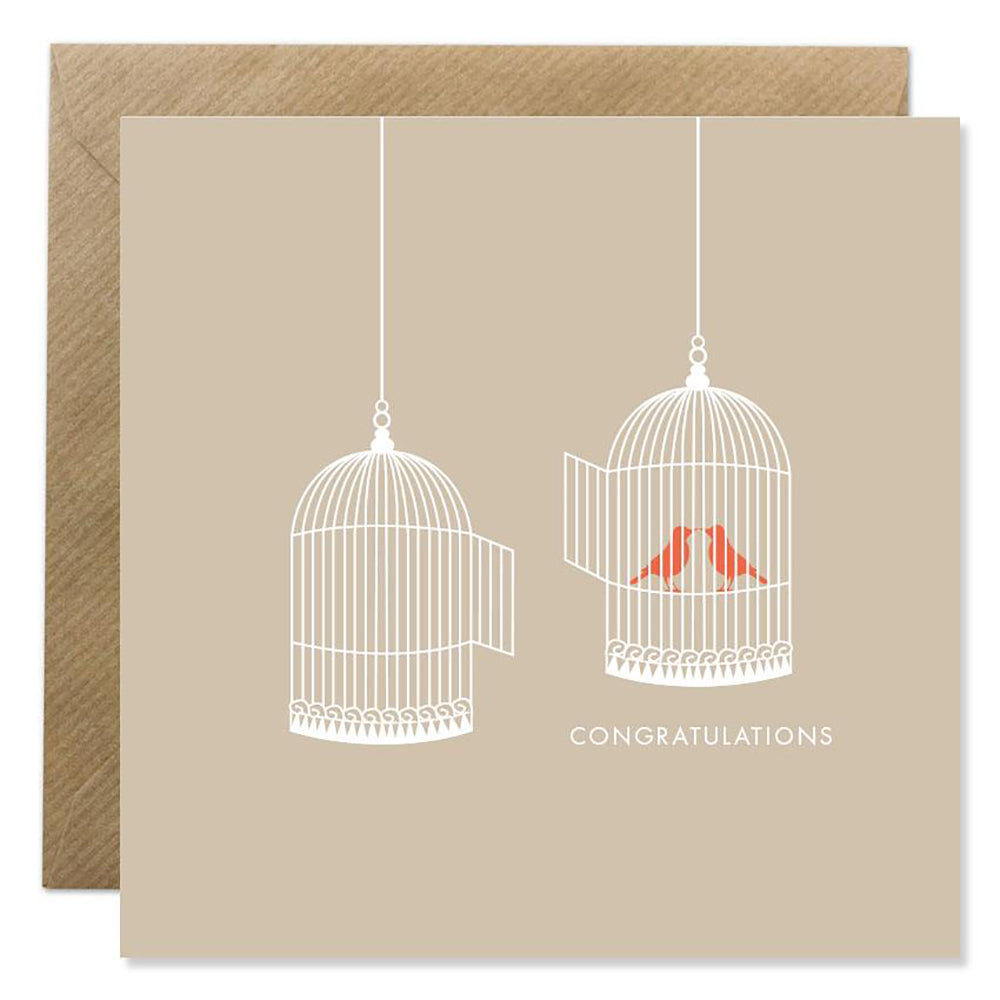 Congratulations card with birds in cages.