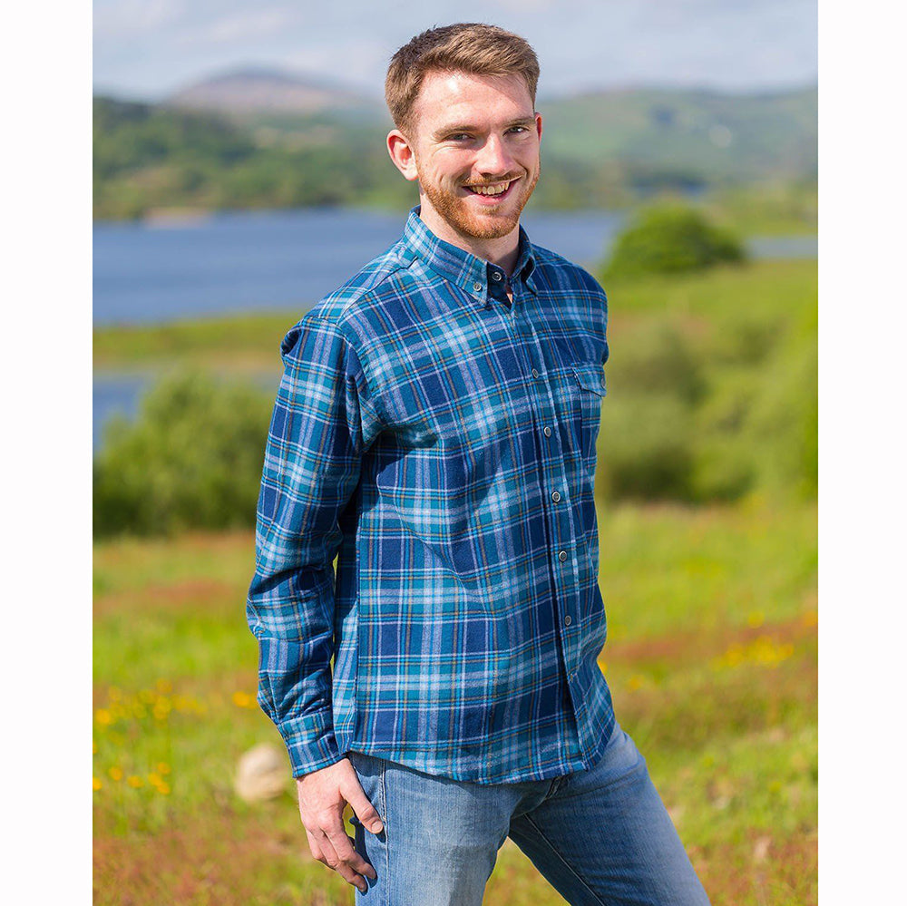 Man in blue flannel shirt, front view