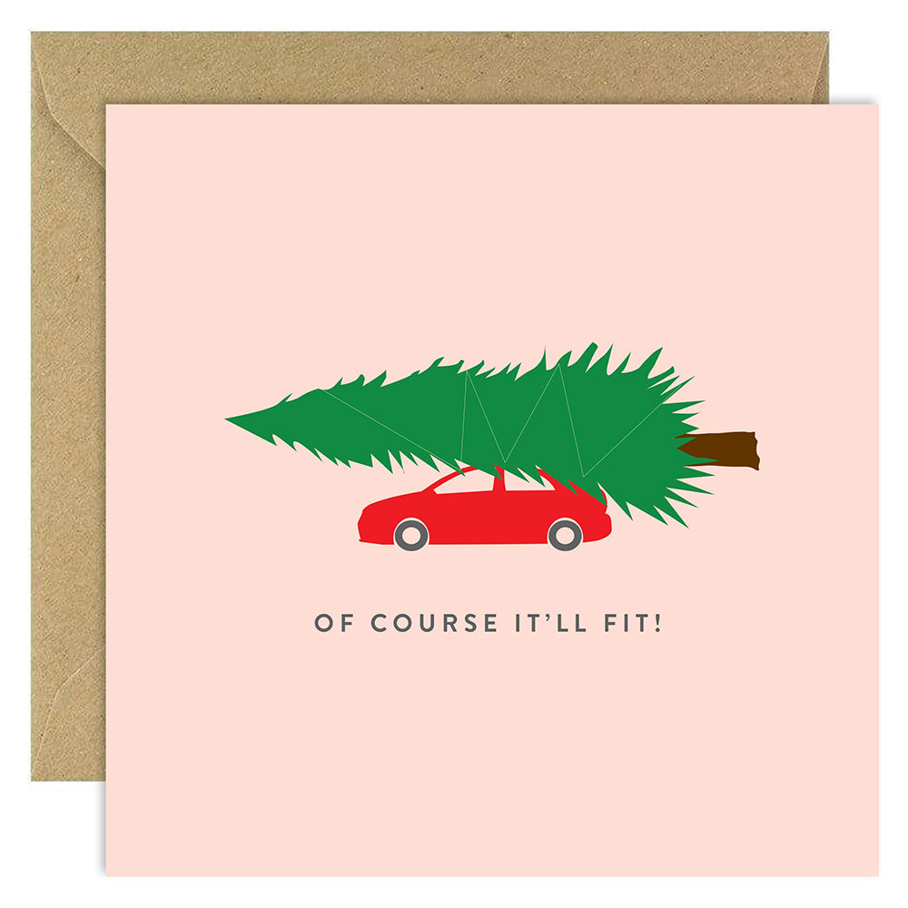 Christmas card with tree on top of car