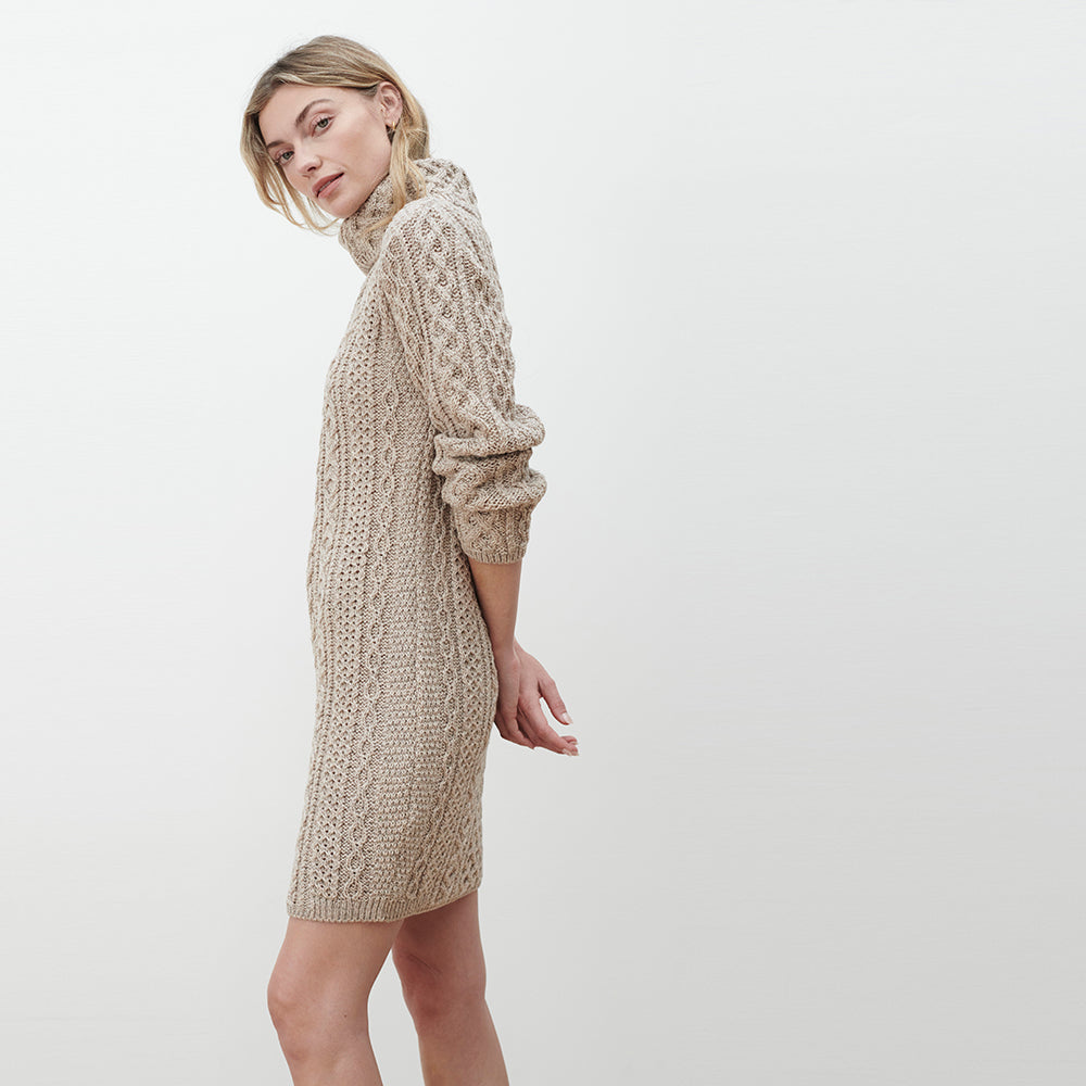 Beige cowl neck Aran sweater dress
