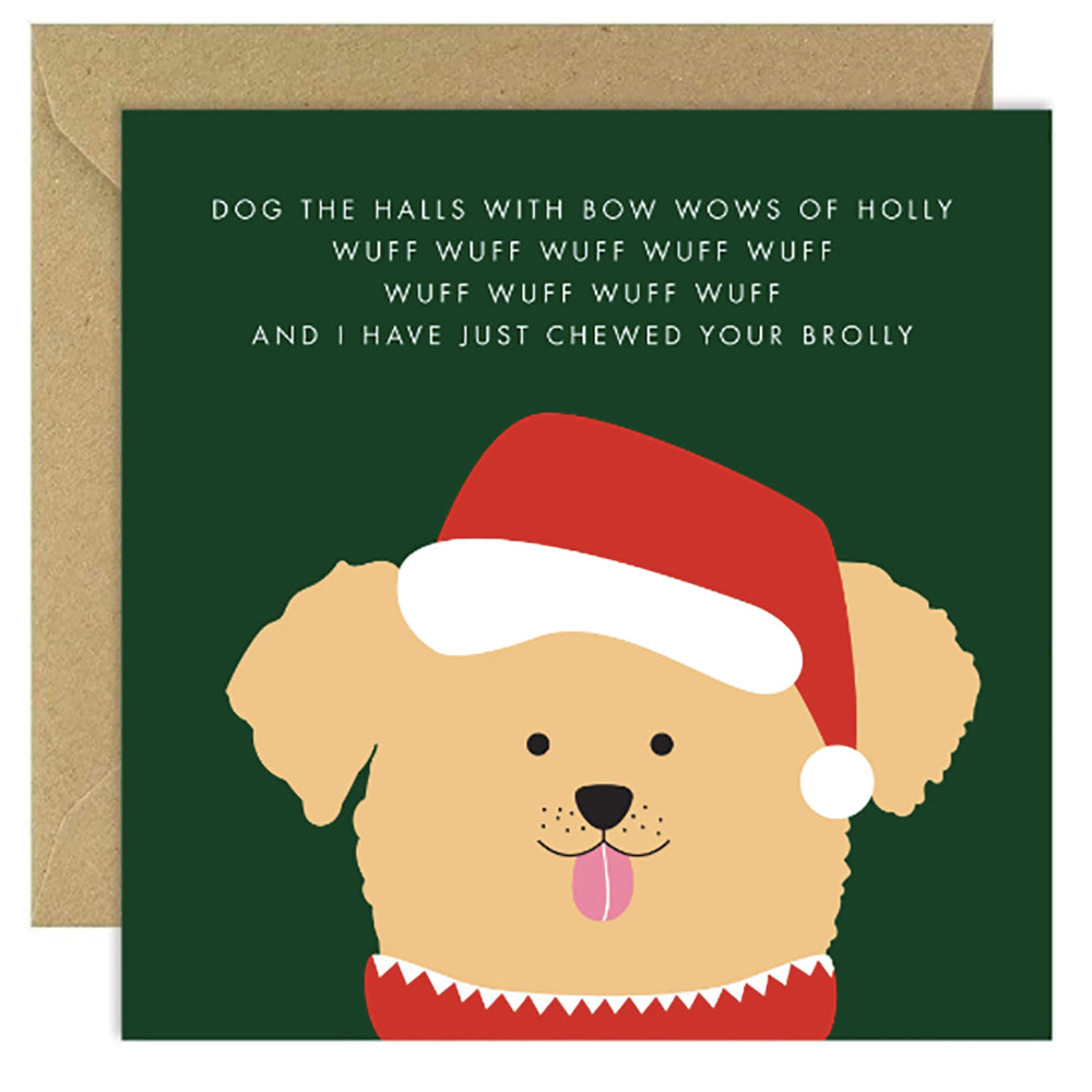 Dog Dog the Halls Christmas card with Santa hat.