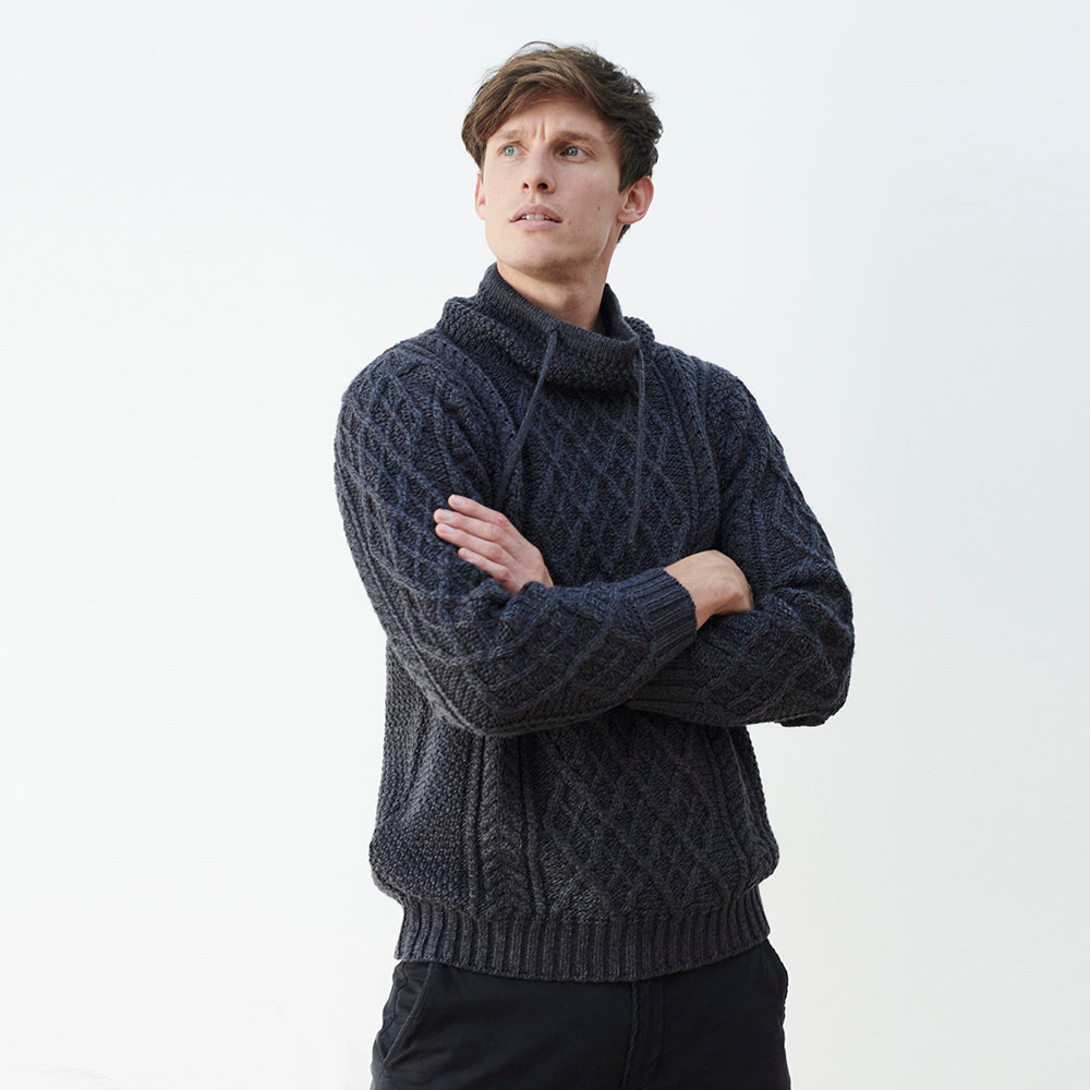 Man in square drawstring sweater