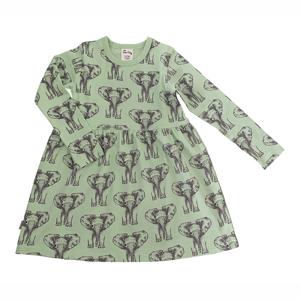 Kids Elephant Print Dress in Green