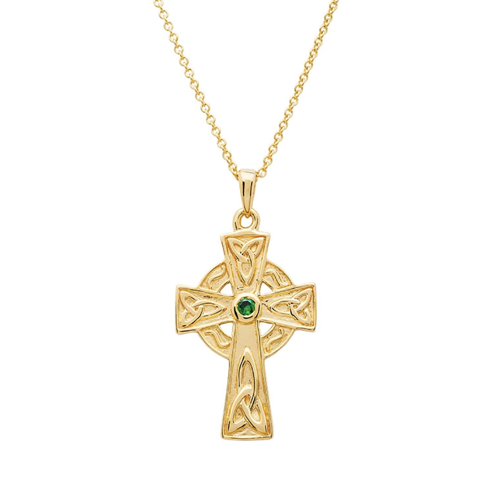 Celtic 14kt Gold Cross Necklace Green Stone