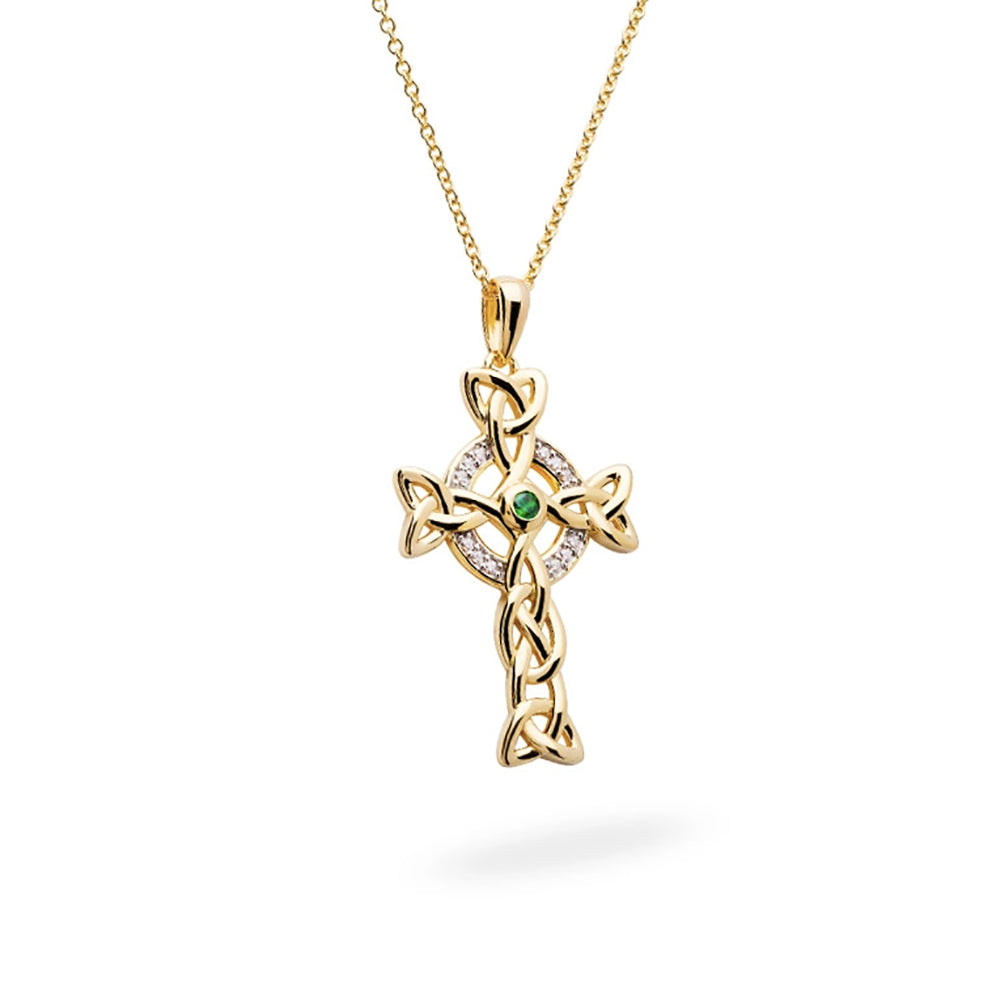 Celtic 14kt Gold Cross Necklace Green Stone