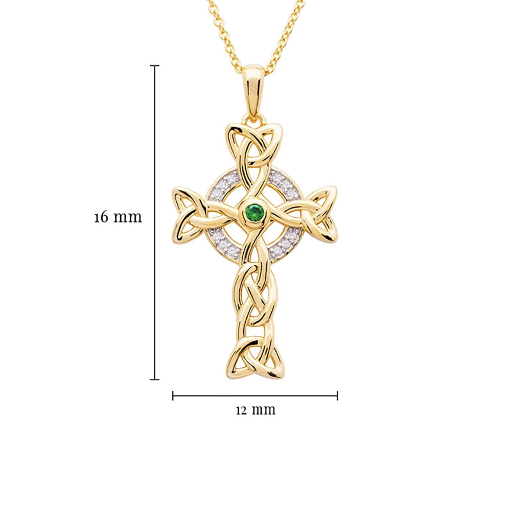Celtic 14kt Gold Cross Necklace Green Stone