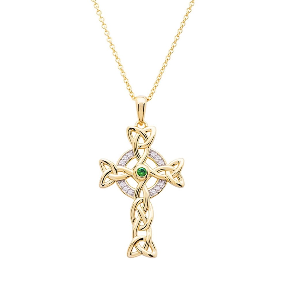 Celtic 14kt Gold Cross Necklace Green Stone