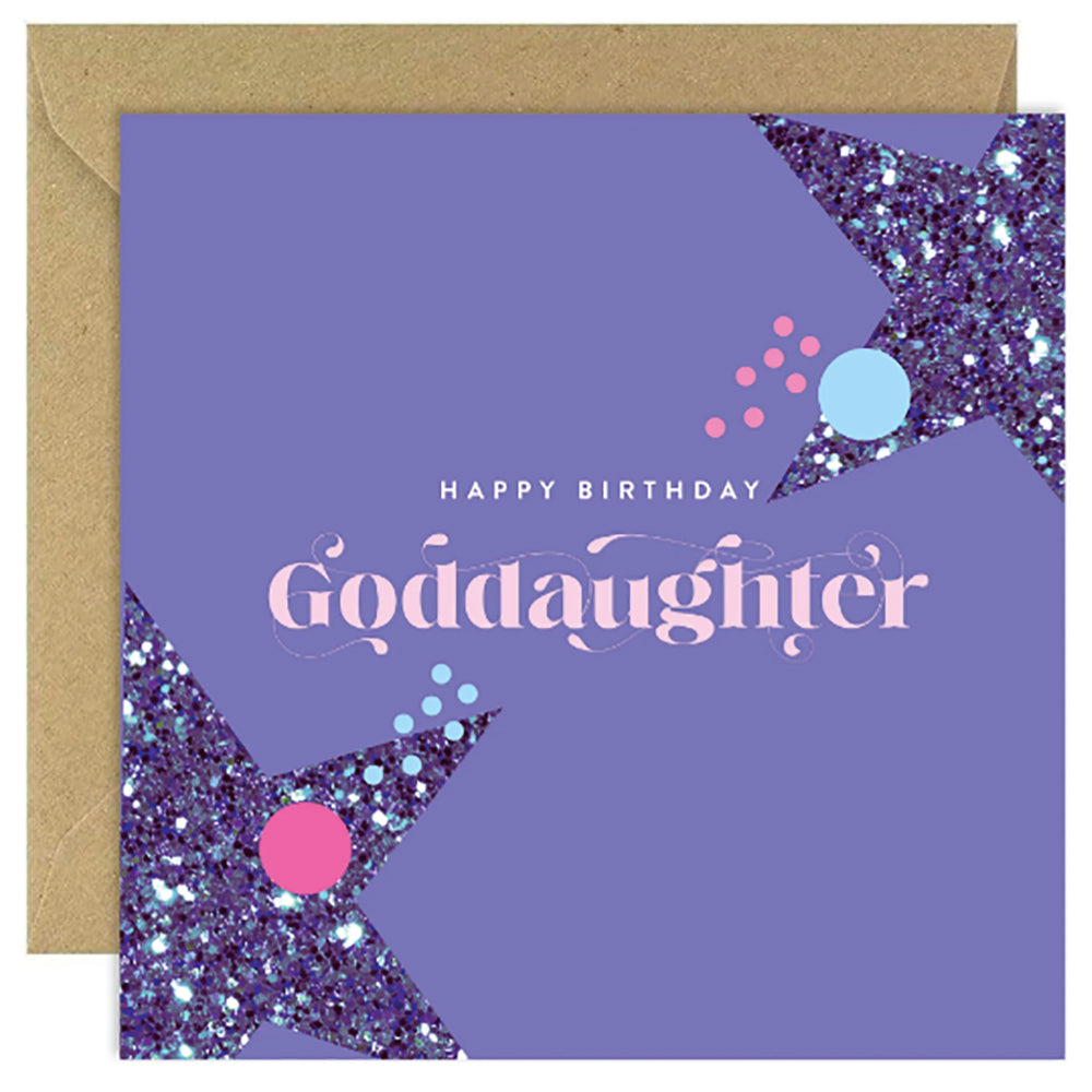 Happy Birthday Goddaughter card with glitter stars.