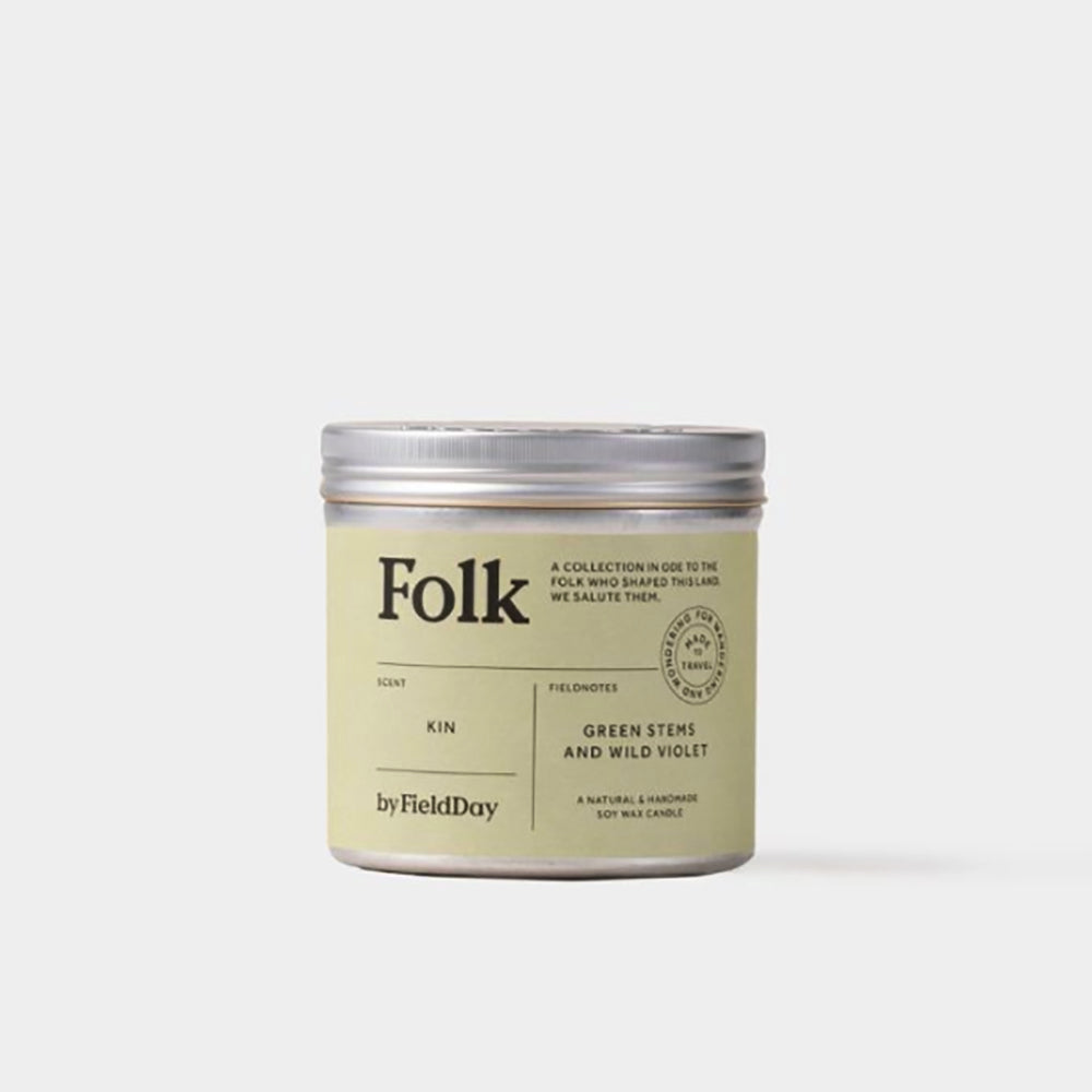 Folk by FieldDay Kin candle in tin with Green Stems and Wild Violet scent