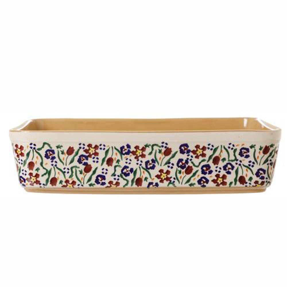 Large rectangular floral oven dish side view