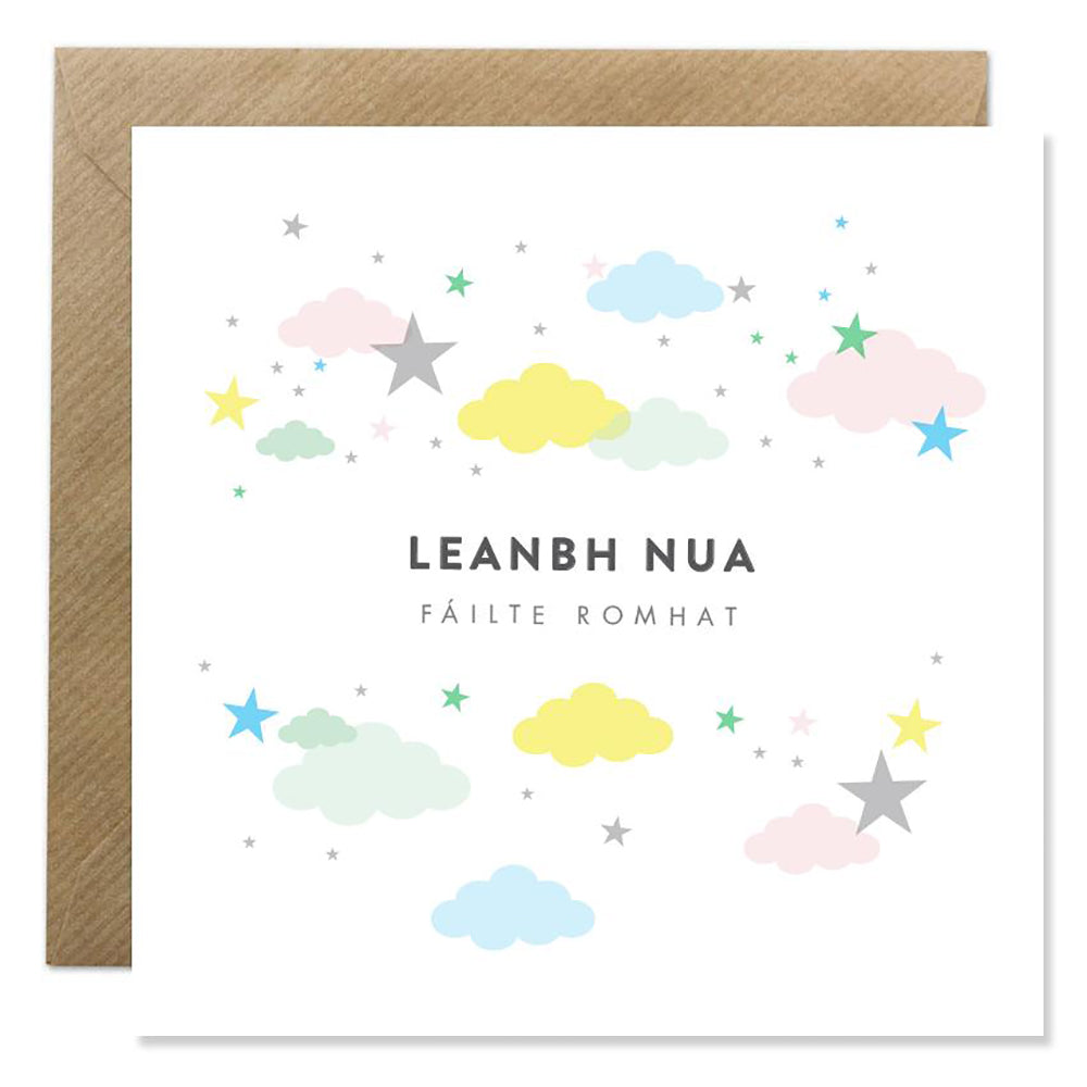Leanbh Nua greeting with clouds and stars.