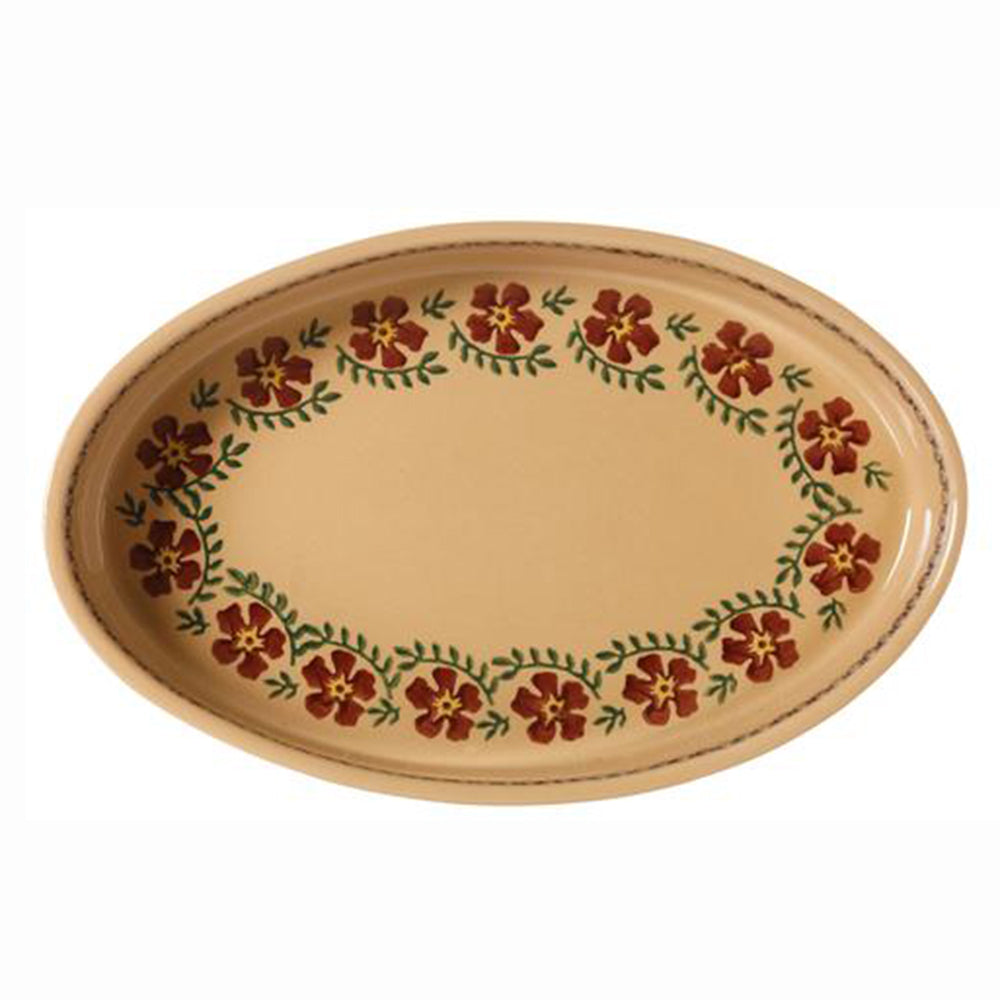 Oval oven dish with old rose floral design, top view.