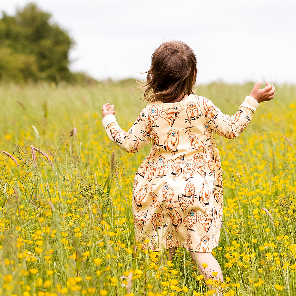 Kids Monkey Print Dress in Orange